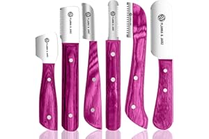 FLAMIA & JABZ Professional Stripping Knife kit (6 Pieces Set) for Dogs & Pets, Wooden Handle Grip with Stainless Steel Comb (Right Handed) (Pink)