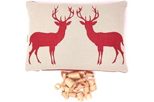 Gaidra Cuscino Benessere con Fiocchi di cirmolo - Jacquard in 100% Cotone - qualitá Artigianale dall' Alto Adige - Stile Tirolese - Cervi Rosso, Beige, Doubleface - 20 x 30 cm