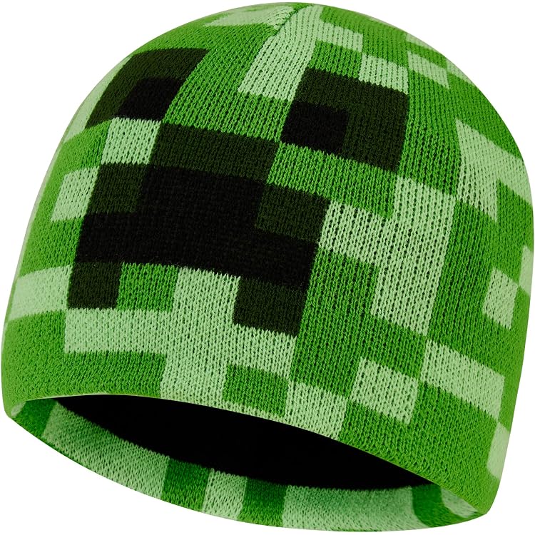 Ensemble Bonnet Et Gants Minecraft Enfants - Laine Polaire - Design Pixel Officiel - Taille 6-12 Ans