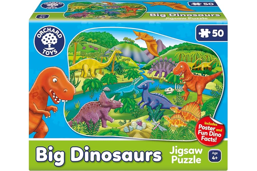 Orchard Toys Big Dinosaurs Jigsaw Puzzle for Kids - Large, 50-Piece, Dinosaur Floor Puzzles for 4+ Year Olds - Giant Games and Educational Toys for Children, Toddlers, Boys and Girls - 58 x 40 cm