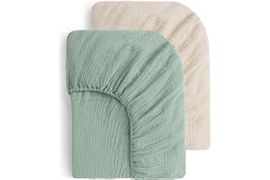 Yoofoss Juego de 2 Sábana Bajera Ajustable 70x140 cm 100% Algodón Muselina Sábanas Bajeras para Cuna Bebé Colchón Suave Protector (Beige Verde)