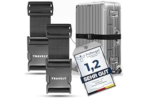 ‎TRAVELY Travely® Premium Koffergurt - Besonders Auffällig & Sicher - Inkl. 2 Namensschildern - Gepäckband ideal über Kreuz - [2er Set] - Schwarz