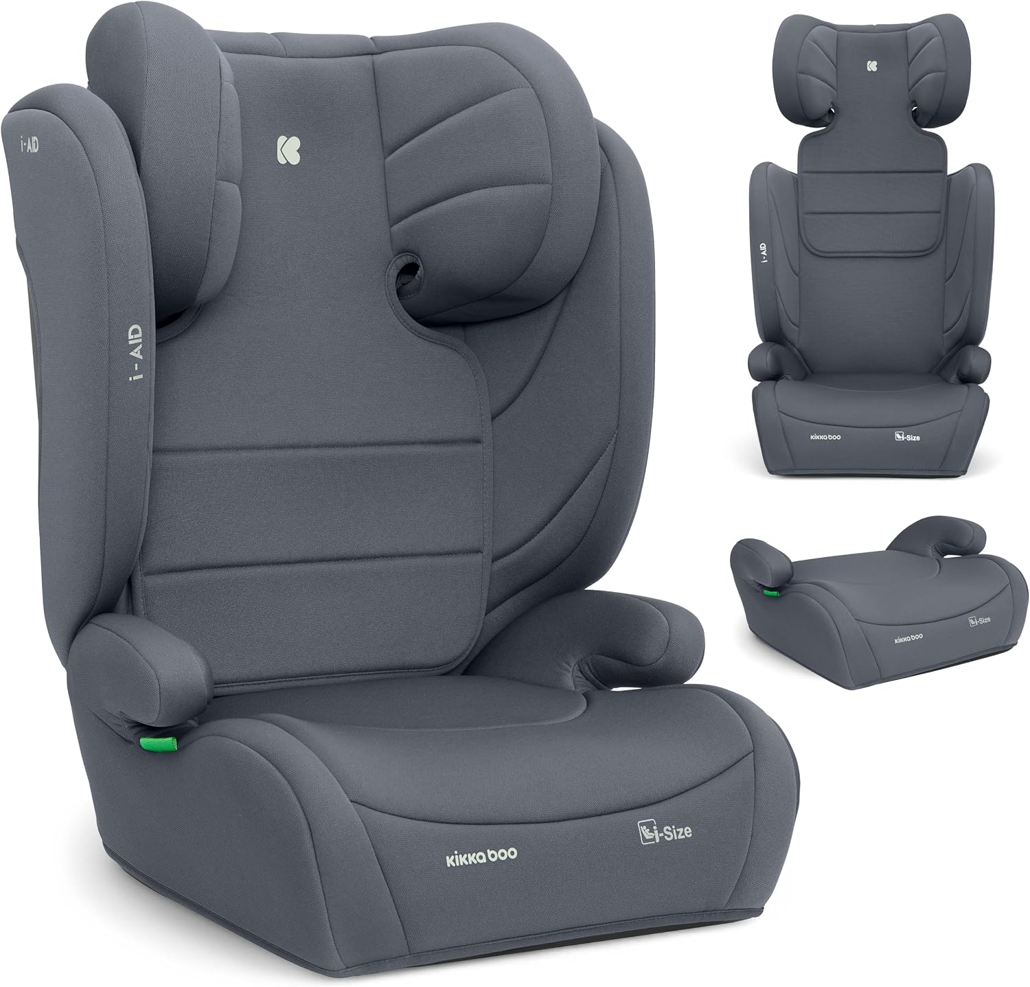 KikkaBoo Silla Coche Grupo 3 (15-36 kg, 100-150 cm) i-AID, Silla Para Niño sin ISOFIX, i-Size, De 3,5 a 12 Años, 13 Posiciones Reposacabezas, Gris