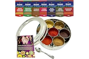 Bub Spice Tin - Masala Dabba 18.5 cm - 7 Pot Stainless‑Steel Spice Box with Lid, Spoon & Recipe Book - Includes 7 Rajah Spices in Resealable Packs – Gift Set (SPICE TIN 7 & SPICE KIT)