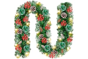 BUOAZR Guirnalda Navidad, 2.7m Guirnalda Navideña con Luces, Guirnalda de Abeto Artificial, Guirnalda Navideña Artificial Decoración para Interiores Exteriores Escaleras Chimeneas Porche Patio