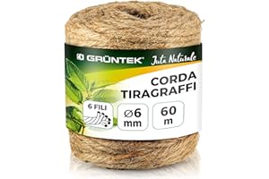 GRÜNTEK Corda Tiragraffi per Gatti 6mm - Spago per Decorazioni, Orto, Giardinaggio 60 Metri | Corda Sisal in Juta 100% Naturale Canapa Biodegradabile e Resistente.
