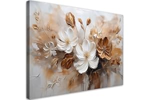 Feeby - Tableaux Decoratifs - Tableau Salon Grand Format - Blanc Fleurs sauvages brunes peintes - 90x60 1partie - Décoration Chambre - Toile Imprimée Intissé Decoration Murale