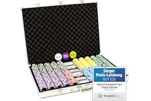 Nexos Trading Pokerkoffer 1000 Chips Laser Pokerchips Poker Komplett Set Alu-Koffer, Chips mit Metallkern 12g inkl. Kunststoffkarten und weiterem Zubehör