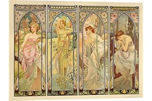 Posterlounge Les heures du jour Tableau en verre acrylique de Alfons Mucha 18 x 13 cm Art nouveau Décoration murale