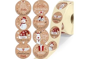 colortouch Aufkleber Weihnachten - 500 St Frohe Weihnachten Sticker, Kraftpapier Optik Weihnachtsaufkleber- 35mm Rund Rolle Vintage Selbstklebend Weihnachtsetiketten für Geschenktüten Weihnachtsdeko