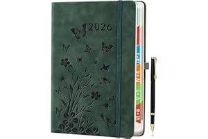 HWXBEN 2026 Agenda Jour par page, A5 (vert de mer) : Agenda par jour de janvier à décembre, agenda quotidien et mensuel avec onglets mensuels colorés,design floral, porte-stylo élastique,vert de mer.