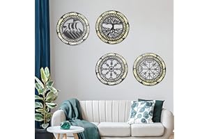 Arsey Wikinger Nordische Mythologie Runen Holzornamente Mittelalter Deko Wandskulpturen Wandornament Kompass Lebensbaum Vegvisir Wanddeko Wohnzimmer Schlafzimmer Wandbild, Holz, Gelb, 4 Stücke