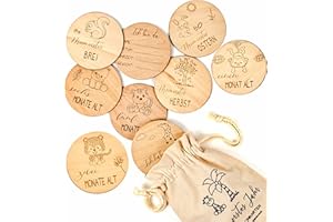 Pikaflor Holz Meilensteinkarten Baby Tiere - 42 Meilensteine auf edlen Holzscheiben Ø10cm (beidseitig/deutsch) Geschenk für Junge & Mädchen zur Schwangerschaft für Schwangere, werdende Eltern
