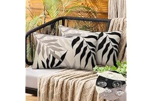HANRUNSI Set of 2 Waterproof Decorative Outdoor Pillow Covers Printed Throw Pillows Linen Material Pillowcases for Outdoor Sofa Balcony Living Room Black Grey Small Leaves Summer 12 x 20 inch/30 x 50 cm Covers