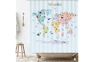 DECOWALL BASHOM BSC-615 Mapa świata zwierząt Zestaw zasłon prysznicowych dla dzieci Wodoodporna, zmywalna dekoracyjna łazienka 180x180cm Tkanina poliestrowa z 12 haczykami Kolorowa podszewka ze zwierzętami edukacyjnymi