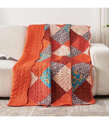 Qucover Single Bedspread Quilted Soft Cotton Blue Floral Patchwork Quilts, Quilted Blanket 150x200 Cm