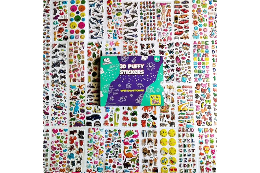SOFTZO 3D Stickers for Children - 45 Puffy Sheets with 1300+ Kids Sticker - Perfect for Party Bag Fillers, Scrapbooking, Fun with Stickers of Cars, Letters, Numbers, Dinosaur, Stars, Alphabet & More
