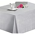 KP HOME Luxury Linen Look PVC Wipe Clean Table Cloth Rectangular 250x140 cm / 98x55 In - Wipeable Tablecloth Up To 8 Seats – Waterproof Plastic Kitchen Vinyl Oilcloth Elegant Plain Silver, Grey