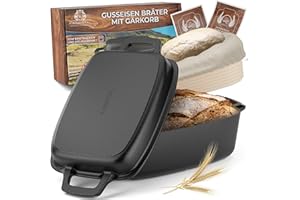 KAISERTAL 26cm Gusseisen Bräter mit Deckel + Gärkorb - Eckige Brotbackform mit Deckel - Brottopf zum Backen - Brotbacktopf, Brotform, Brottopf - Backform Gusseisen inkl. Brot Backen Zubehör