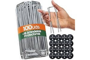 PORTENTUM Weed Membrane Pegs 100 pcs + 16 Washers – 6 Inch/150mm U-Shaped – Heavy-Duty Artificial Grass Pins for Camping and Gardening