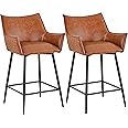 Yaheetech PU Leather Bar Stools Modern Counter Stools Bar Chair with Metal Legs with Mid-back and Armrest for Kitchen/Island/Counter Brown, 2PCS