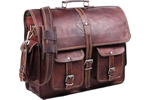 HULSH Vintage Leather Laptop Bag for Men Full Grain Large Leather Messenger bag for men 18 inches with rustic look Brown briefcase