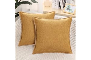 decorUhome Set of 2 Linen Cushion Covers 60X60cm, Decorative Outdoor Plain Vintage Cushion Covers with Stitched Edges, large Square Farmhouse Neutral Pillow case 24x24 Inch for Sofa, Bronze Gold