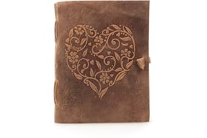 moonster Cuaderno de Cuero Genuino para Mujer Diario de Escritura Hecho a Mano - Corazón Gravado – Diario de Cuero para Dibujar y Escribir – Cuaderno de Viaje de Tamaño Perfecto 18x13cm