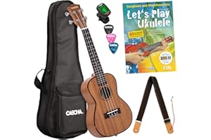 CASCHA Konzert Ukulele Set für Kinder und Erwachsene I Starter Kit Mit 3 Plektren, Tasche, Gurt, Lehrbuch, Stimmgerät I Premium Mahagoni Hawaii Gitarre für Anfänger und Fortgeschrittene