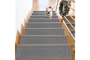 JSEI Non-Slip Stair Treads for Wooden Steps Indoor, 15 Pack 20.32x76.2 cm Edging Stair Rugs with TPE Backing, Carpet Stair Treads for Kids Elders & Pets, 100% Polyester Soft Stair Runners, Light Grey