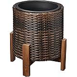 Amazon Basics Quadrato Fioriera in vimini con supporto in legno e rivestimento interno in plastica, 33 cm, marrone