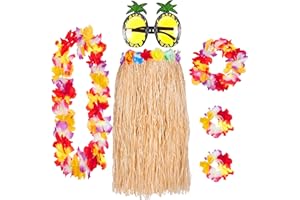 REDSTAR 6er Hawaii Hula Set – Hawaii Kostüm Damen mit Bastrock, Hawaii Kette Blumen und Ananas Brille – Wähle aus Natur- oder Buntem Rock – Hawaii Outfit Damen