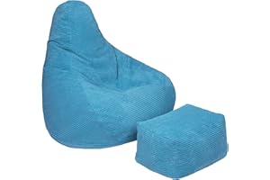 Loft 25 Sitzsack mit Hoher Rückenlehne für Erwachsene | Cordstoff, Innenfutter | Ergonomisches Design für Körperunterstützung (Blaugrün, Sitzsack+Hocker)