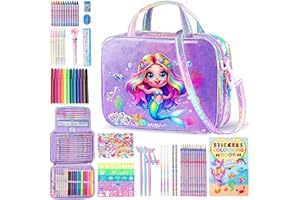 D-FantiX Mermaid Art Supplies Scented Washable Markers for Kids Ages 4-8, 63Pcs Arts and Crafts Kits with Convertible Bag, Travel Activity Drawing Stuff Colouring Set, Gift for 4-6-8-12 Year Old Girls