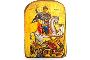 ICONSGR Icona in legno greco San Giorgio cavalca il suo cavallo e sconfigge la bestia (Orthodox Christian Wood / MP2)