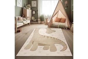 ‎PACO HOME Paco Home Kinderteppich Moderner Spielteppich Kinderzimmer 3D-Effekt Naturtöne weicher Flor robust & pflegeleicht Schlingenstruktur Dino-Motiv Beige Creme Charcoal, Grösse:120x160 cm