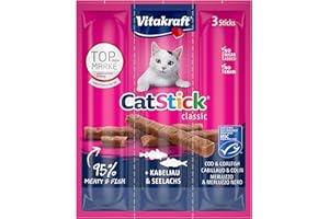 VITAKRAFT- Cat Stick Classic, Friandises Pour Chats, Stick Au Colin Et Cabillaud, Format Économique, Sans Sucres Ajoutés, (1 Paquet De 3X6G)