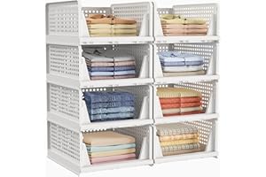 HOMIDEC Storage Organiser Set - 8 Pack Folding Boxes, Stackable Drawers and Baskets for Clothes, Plastic Cupboard and Closet Shelves for Bedroom Wardrobe