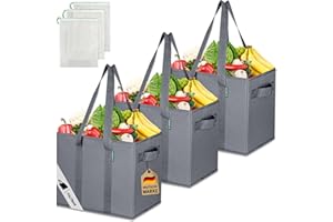 COTTARA® große Einkaufstasche faltbar 3er Pack & Obstnetz – stabiler großer Einkaufskorb faltbar mit verstärktem Boden – Ideale Einkaufstasche für Einkaufswagen & Kofferraum – 80 L Grau