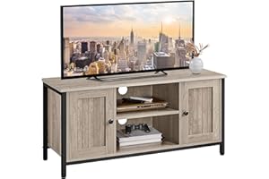 Yaheetech Industrial TV Cabinet Wood TV Stand Cabinet for 50 Inch TV, TV Stand with 2 Doors & Adjustable Shelves, TV Table for Living Room, Dinning Room & Bedroom, Grey