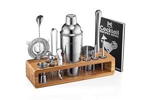 MODERN MIXOLOGY Mixology & Craft Cocktail Shaker Set 23-tlg. - Cocktail Set mit Shaker aus Edelstahl inkl. Stößel, Messbecher u.a. Bar Zubehör im Bambus Ständer - Komplettes Barkeeper Set - Schöne Bar Deko - Silber