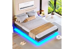 ‎BRINLAWB Brinlawb Bett 90x200 mit Lattenrost aus Holz, Bettgestell 90 x 200 cm mit LED Beleuchtung, Gästebett Jugendbett 90x200 cm Einzelbett Schwebebett mit Grauem Leinen, perfekt für Schlafzimmer Gästezimmer