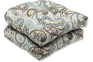 Pillow Perfect Paisley Indoor/Outdoor Chair Seat Cushion, Tufted, Weather, and Fade Resistant, 19" x 19", Blue/Brown Tamara Quartz, 2 Count