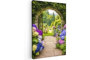 MuchoWow© Impressions sur Toile 80x120 cm Deco Tableau Murale Decoration Salon Peinture Tableaux Chambre Toiles Maison Vue de la Fenêtre - Portail - Hortensia - Jardin de Fleurs