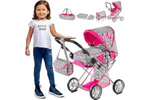 Kinderplay Dolls Pram | 3-in-1 Toy Pram | Baby Doll Pram - Toy Pushchair | Dolls Buggy | Dolls Pushchair | Doll Stroller with Adjustable Handle (36.5-64 cm), model KP0200S