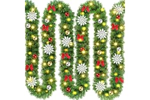 KUPITM6 Tannengirlande 5.4 m mit Beleuchtung, Weihnachtsgirlande mit 80 LEDs und Fernbedienung, Girlande Weihnachten mit Christbaumkugeln, Schneeflöckchen und Schleifen Mitgeliefert für In & Outdoor Deko