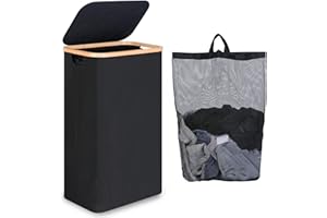 iEGrow Portabiancheria Salvaspazio 75L, Cesto Portabiancheria con Borsa Interna Rimovibile e Lavabile, Portabiancheria in Bambù, Portabiancheria Pieghevole per Lavanderia (Nero)