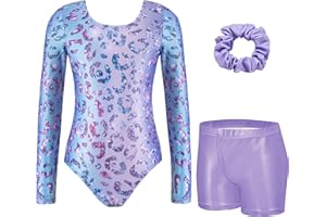 Arshiner Girls 3 Piece Gymnastics Outfits Long Sleeve Leotards with Shorts Hairband Children Sparkly Unitards Ballet Dancing Unitards 3-10 Years