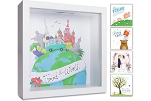 GLÜCKSWOLKE - Tirelire pour Adulte I Voyage dans Le Monde I Banques de Epargne I Fonds d'Aventure I 3D Cadre Photo en Bois I Cadeau Travel World I Cadeaux de Vacances I Boite de Argent Monnaie