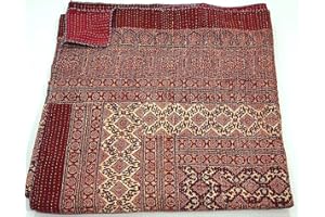 Sophia-Art Vintage Print Bohemian Block Quilt Vegetable Print Queen Size Hand Ajrakh Kantha Quilt Kantha Blanket Bedspread 60 * 90 Inches (Red, Twin 60 * 90 Inches)